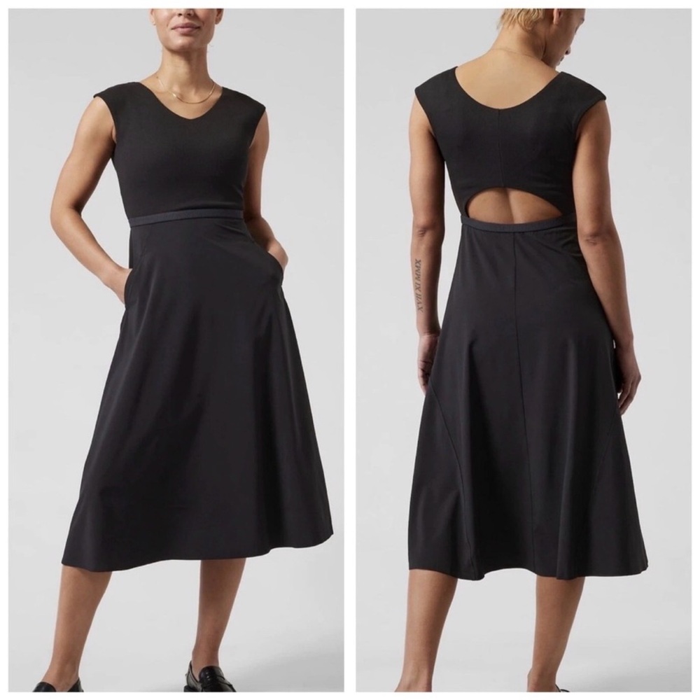 NWOT Women’s Black Athleta Ryder Dress Pockets Midi V Neck